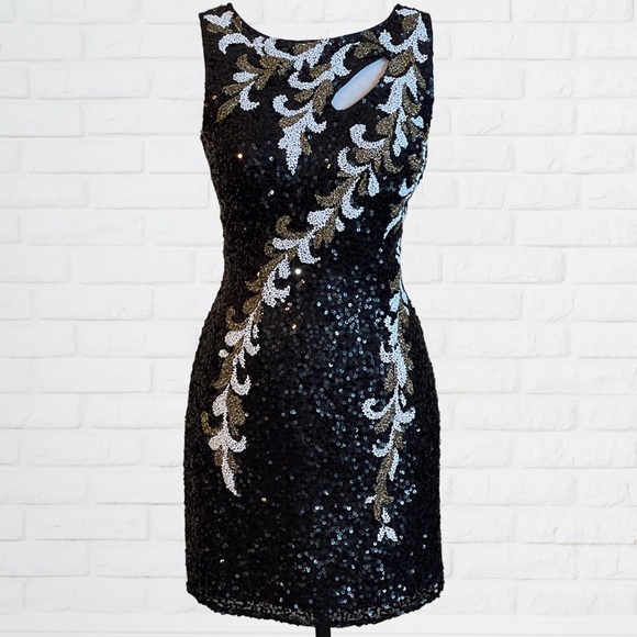 SHAIL K. Dresses & Skirts - SHAIL K. Black Silk Sequined Dress with White and Gold Beading. Size 6.